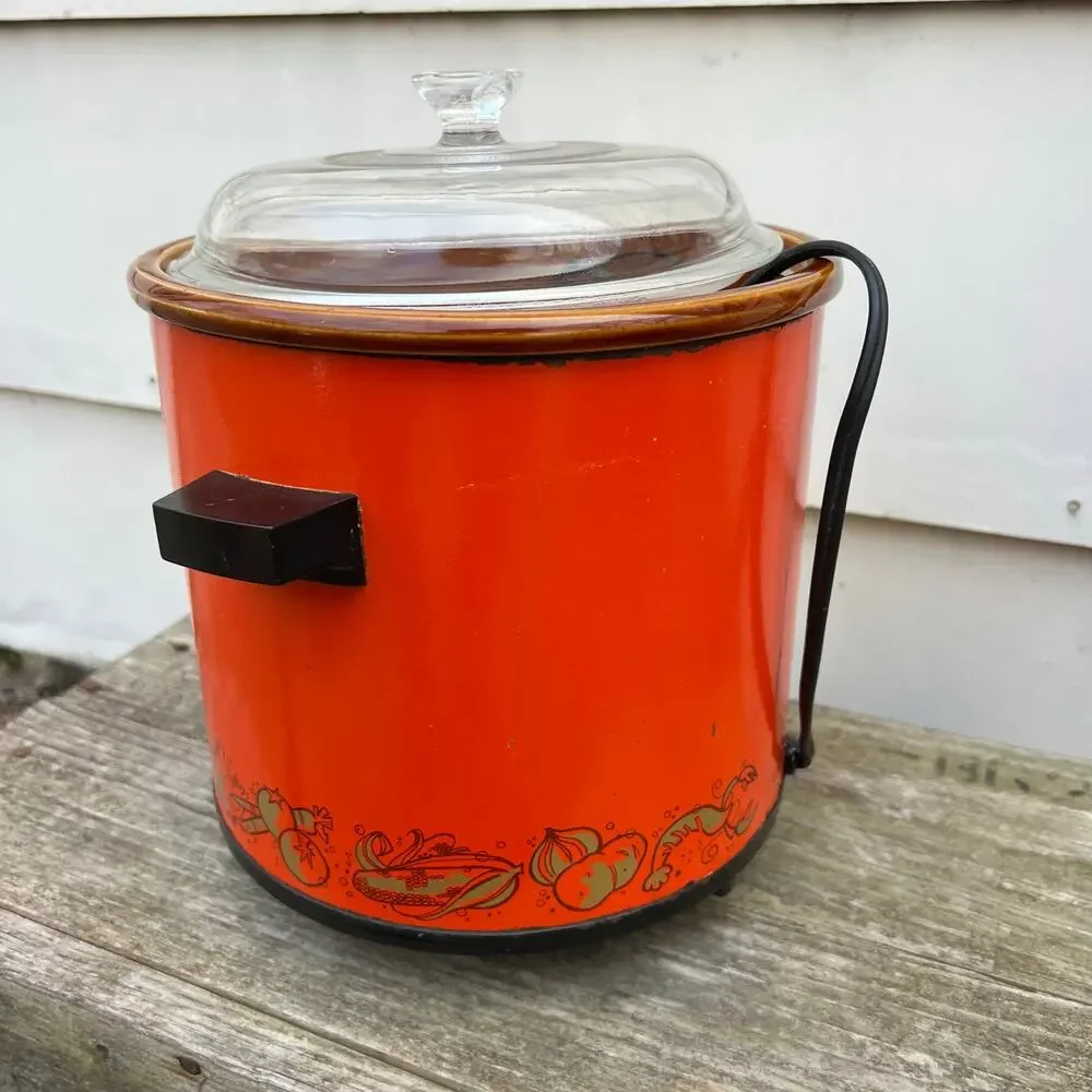 Vintage MCM Rival Crock Pot Slow Cooker Flame Orange Model 3100/2 3.5 Quart